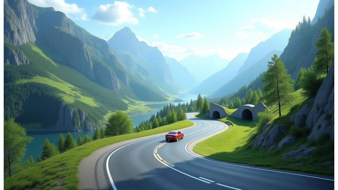 Winding mountain road with a car